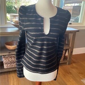 Veronica Beard Black Knit Top with Metallic Gold & Silver Stripes